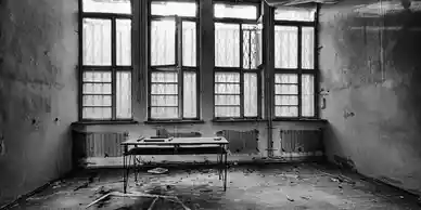 A table in an abandoned room with four windows.