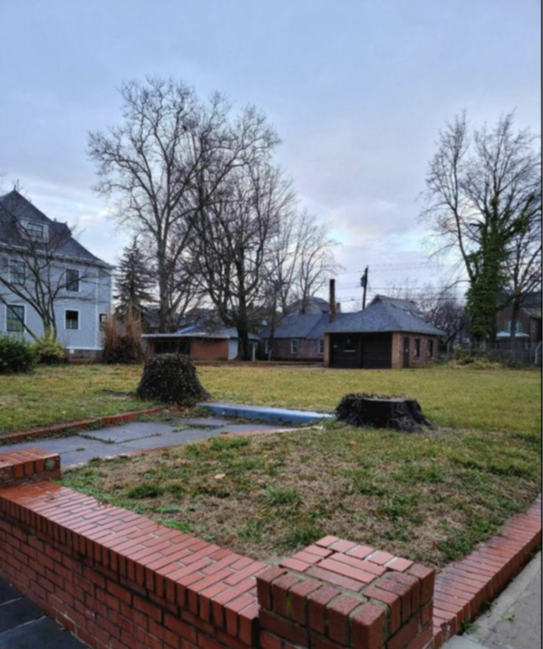 A brick wall in the middle of an empty yard.